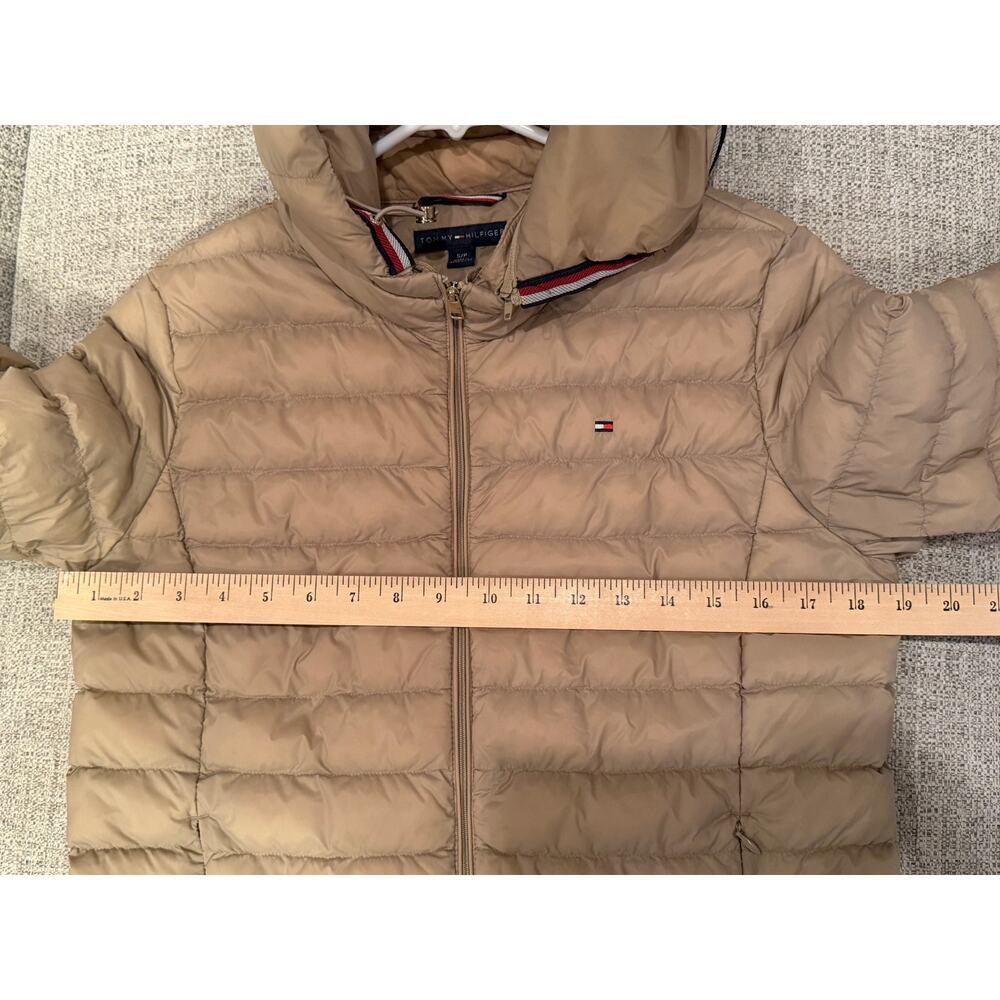 Tommy Hilfiger Lightweight Hooded Puffer Jacket Beige Tan Hood Striped Trim S - Picture 8 of 14